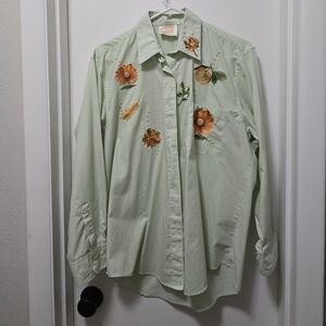 Green Striped Button Up with Orange Patches